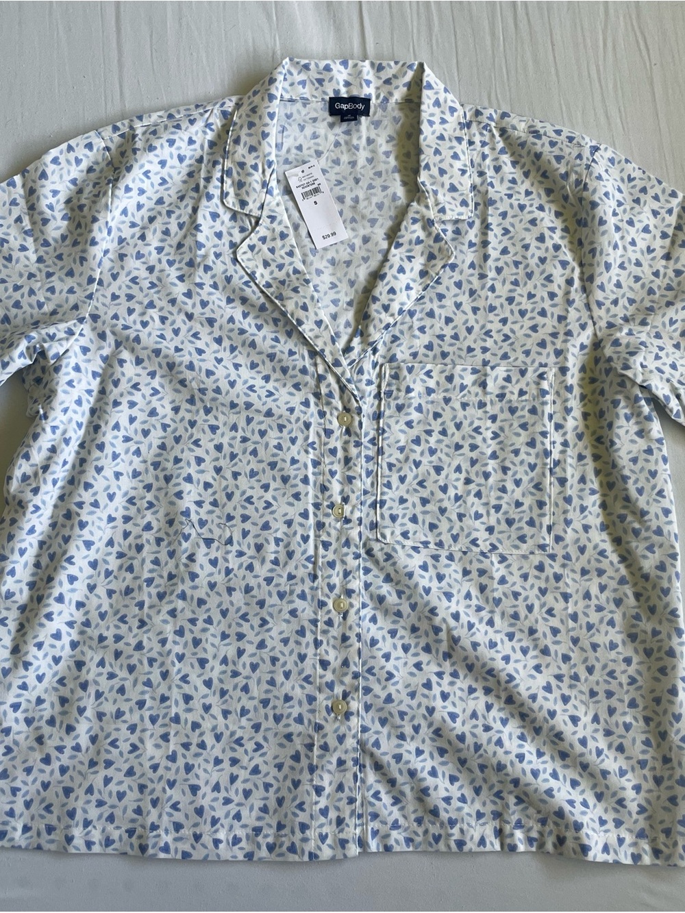 Gapbody Heart Print Pajama Shirt Size S Blue White Short Sleeve